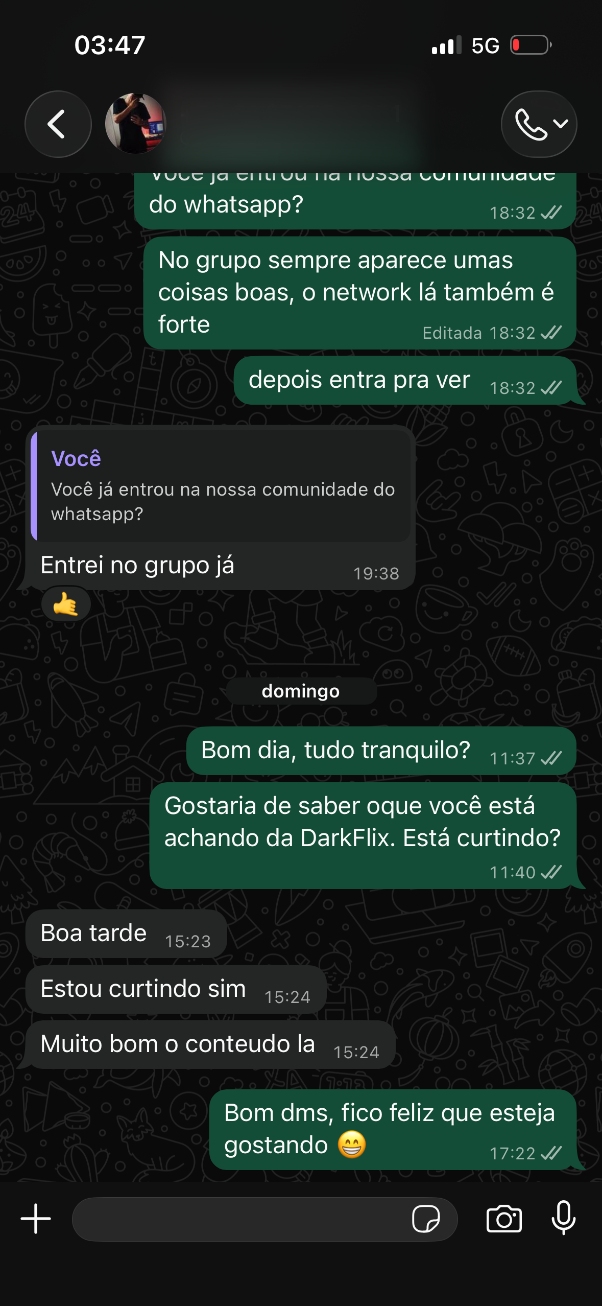 Depoimento 4 de um membro da DarkFlix no WhatsApp